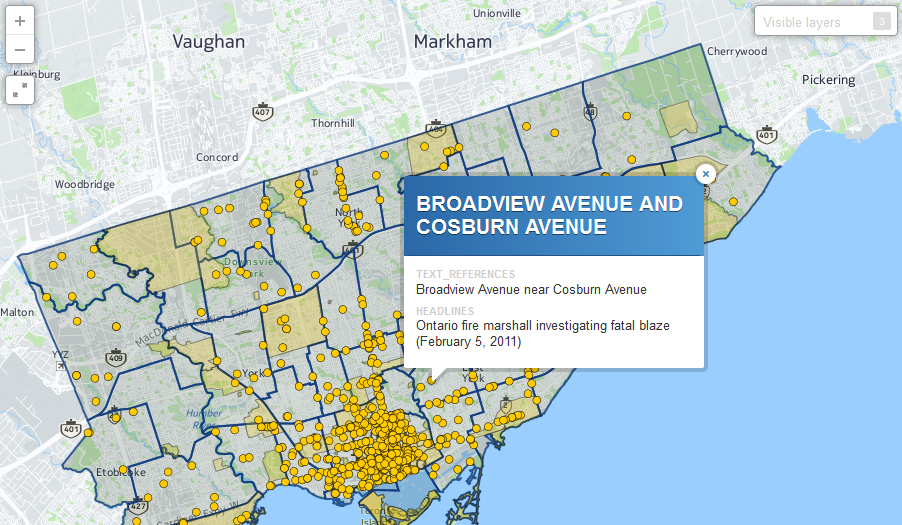 Figure 1. Users can click each point to find out about the news articles that referenced the location